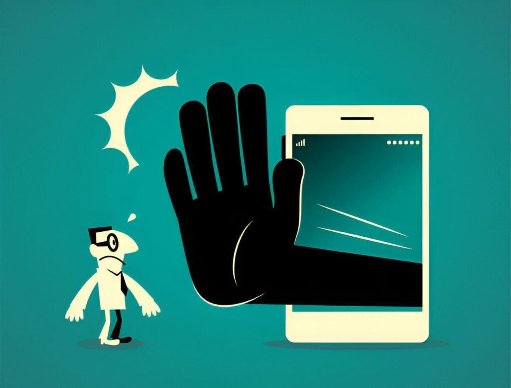 a stop hand coming out of a cell phone